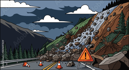 Flat vector landslide covering road as rocks slide down steep mountain slopes. Ideal for geology studies, disaster prevention guides, emergency training, and hazard awareness