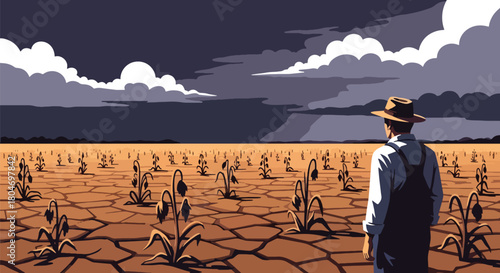 Flat vector drought scene with cracked earth and dried farmland under extreme heat. Ideal for climate change visuals, environmental studies, farming impact guides, and awareness content