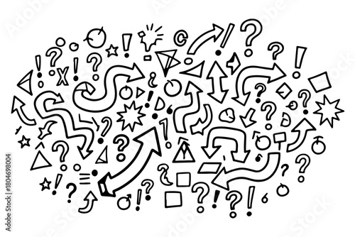 A chaotic collection of hand drawn black arrows question marks exclamation points and geometric shapes on a white background