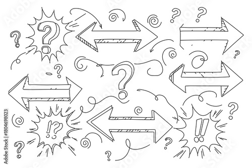 Collection of hand drawn question marks arrows and swirls representing confusion doubt and decision making