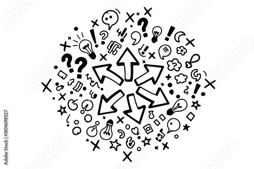 Doodle illustration of multiple arrows pointing outwards from a central point surrounded by various symbols and icons