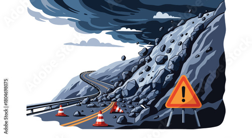Flat vector landslide covering road as rocks slide down steep mountain slopes. Ideal for geology studies, disaster prevention guides, emergency training, and hazard awareness