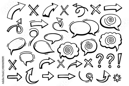 Collection of hand drawn doodle arrows speech bubbles question marks and crosses isolated on white background