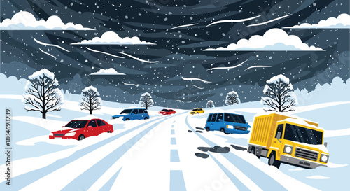 Flat vector blizzard scene with snow-covered roads and low visibility in a modern city. Ideal for winter weather alerts, safety guides, climate visuals, and educational materials
