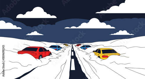 Flat vector blizzard scene with snow-covered roads and low visibility in a modern city. Ideal for winter weather alerts, safety guides, climate visuals, and educational materials
