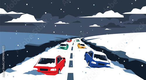 Flat vector blizzard scene with snow-covered roads and low visibility in a modern city. Ideal for winter weather alerts, safety guides, climate visuals, and educational materials