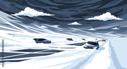Flat vector blizzard scene with snow-covered roads and low visibility in a modern city. Ideal for winter weather alerts, safety guides, climate visuals, and educational materials