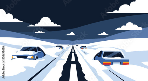 Flat vector blizzard scene with snow-covered roads and low visibility in a modern city. Ideal for winter weather alerts, safety guides, climate visuals, and educational materials