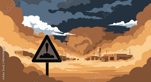 Flat vector dust storm sweeping across a desert town with reduced visibility. Ideal for weather warnings, climate change visuals, safety materials, and environmental education