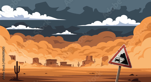 Flat vector dust storm sweeping across a desert town with reduced visibility. Ideal for weather warnings, climate change visuals, safety materials, and environmental education
