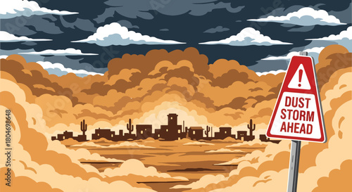Flat vector dust storm sweeping across a desert town with reduced visibility. Ideal for weather warnings, climate change visuals, safety materials, and environmental education
