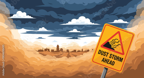 Flat vector dust storm sweeping across a desert town with reduced visibility. Ideal for weather warnings, climate change visuals, safety materials, and environmental education
