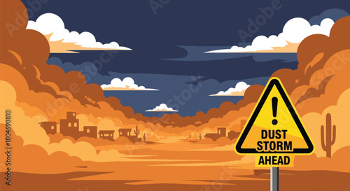 Flat vector dust storm sweeping across a desert town with reduced visibility. Ideal for weather warnings, climate change visuals, safety materials, and environmental education