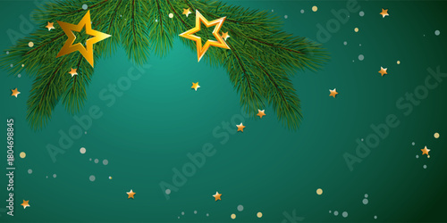 Christmas decorations with golden stars, fur tree on green background. Mockup for your xmas design.