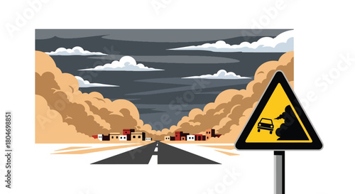 Flat vector dust storm sweeping across a desert town with reduced visibility. Ideal for weather warnings, climate change visuals, safety materials, and environmental education