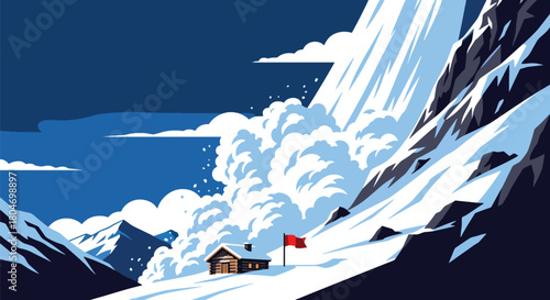 Flat vector avalanche of snow rushing down steep mountain slopes toward cabins. Ideal for winter hazard training, mountain safety guides, and environmental education