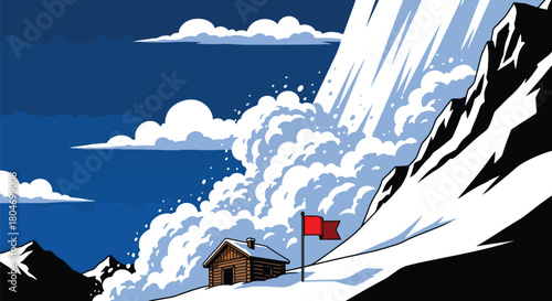 Flat vector avalanche of snow rushing down steep mountain slopes toward cabins. Ideal for winter hazard training, mountain safety guides, and environmental education