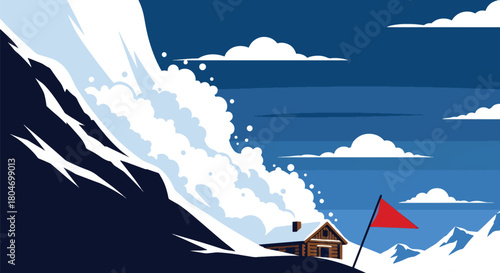 Flat vector avalanche of snow rushing down steep mountain slopes toward cabins. Ideal for winter hazard training, mountain safety guides, and environmental education