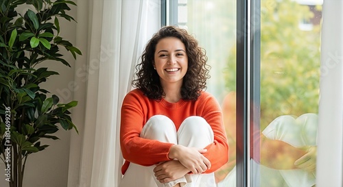 Radiant woman with a joyful smile embracing serenity by the window in her home