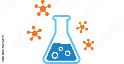 Chemical flask with bubbles and orange molecules science concept.