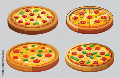 Four delicious looking pizzas in isometric view with tomato and herbs