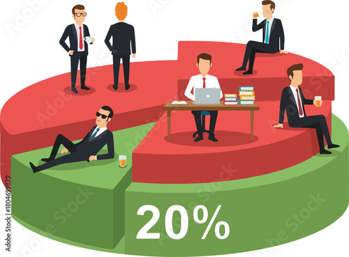 Business team members working on a pie chart representing percentages of work.