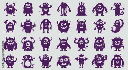 Cute Purple Monster Silhouettes Vector Collection