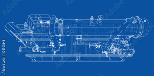 Industrial Machinery Blueprint on Blue. Vector