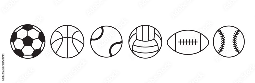 Obraz premium A diverse set of minimalist line art sports ball icons: soccer, basketball, tennis, volleyball, football, and baseball for athletic themes. Vector