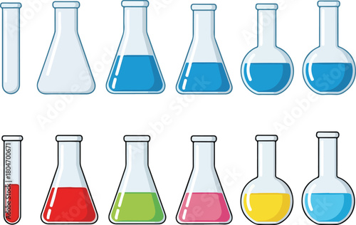Collection of laboratory glassware with colorful liquids for scientific experiments and research.