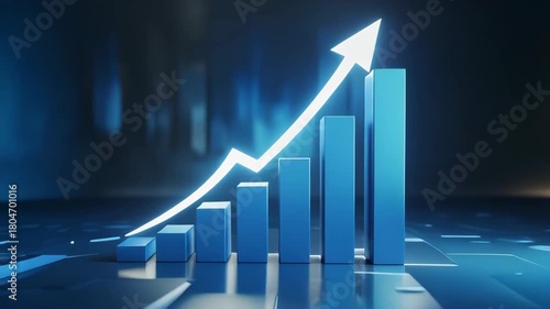 3D bar graph with an upward trending arrow indicating financial growth and success business finance