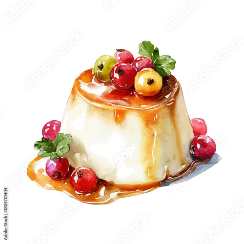 Panna Cotta, watercolor painting, vector illustration, isolated on a white background.