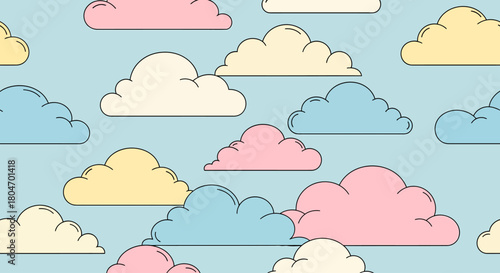 Seamless pastel cloud pattern on a light blue sky, perfect for children's room decor and soft textile designs