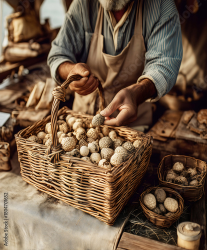 Italian market stall holder hands selling rare and expensive white alba truffles from rustic wicker basket on linen covered table gourmet food commerce and luxury culinary ingredient.
