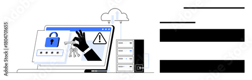Hacking hand stealing keys from secured laptop screen with security icons and cloud server. Ideal for cybersecurity, data privacy, hacking prevention, cloud security, identity theft, online safety