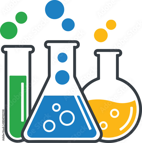 Colorful laboratory glassware with liquids and bubbles for scientific experiments.