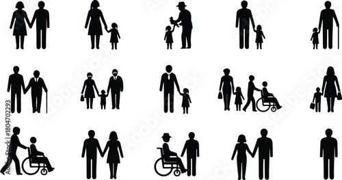 Collection of diverse family and individual icons representing different life stages and abilities.