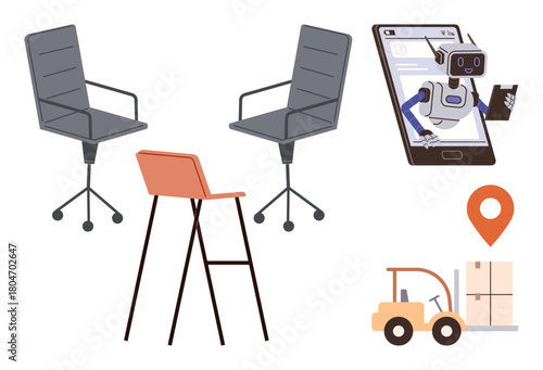 Robot on phone engaged in task, modern chairs for meetings, forklift moving boxes, location marker for navigation. Ideal for tech, logistics, communication, online service, AI interaction