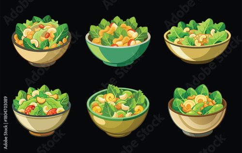 Bowls of Green Salad with Cashews and Tomatoes on Black Background