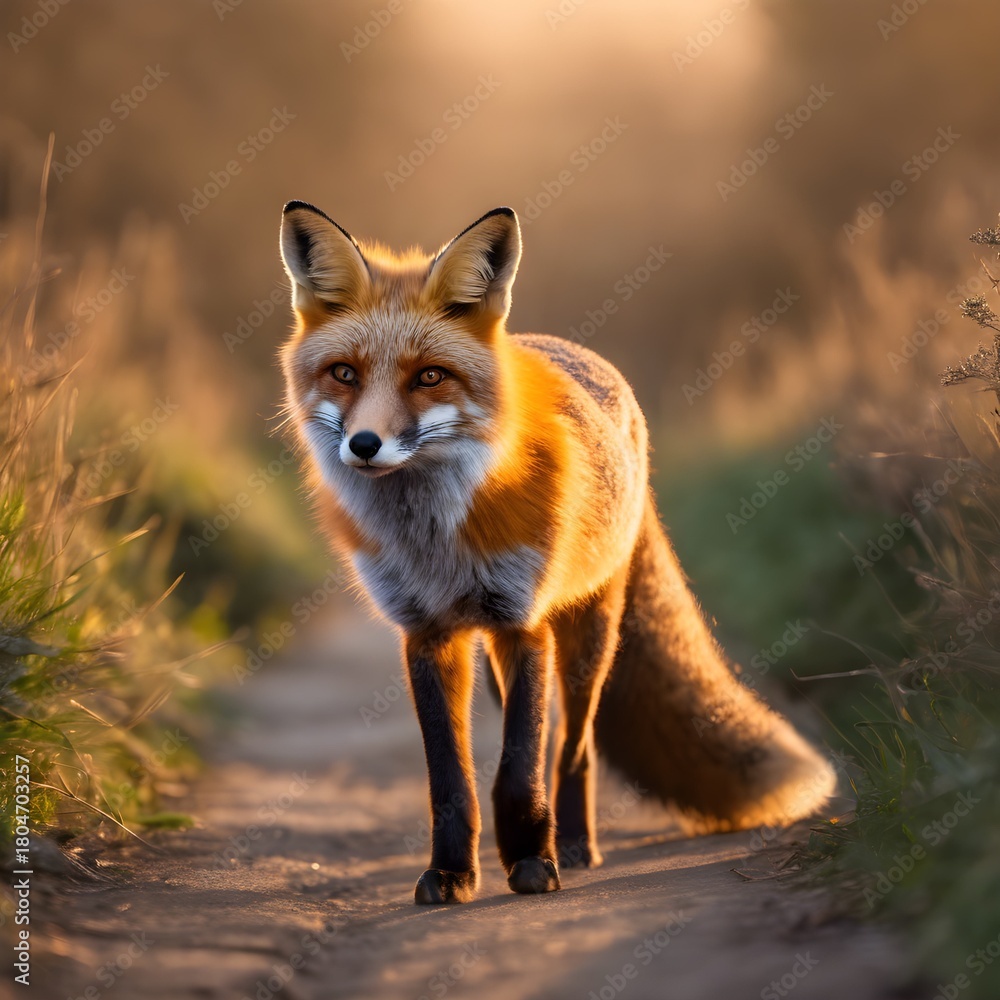 Obraz premium Majestic red fox walking along a path during golden hour.