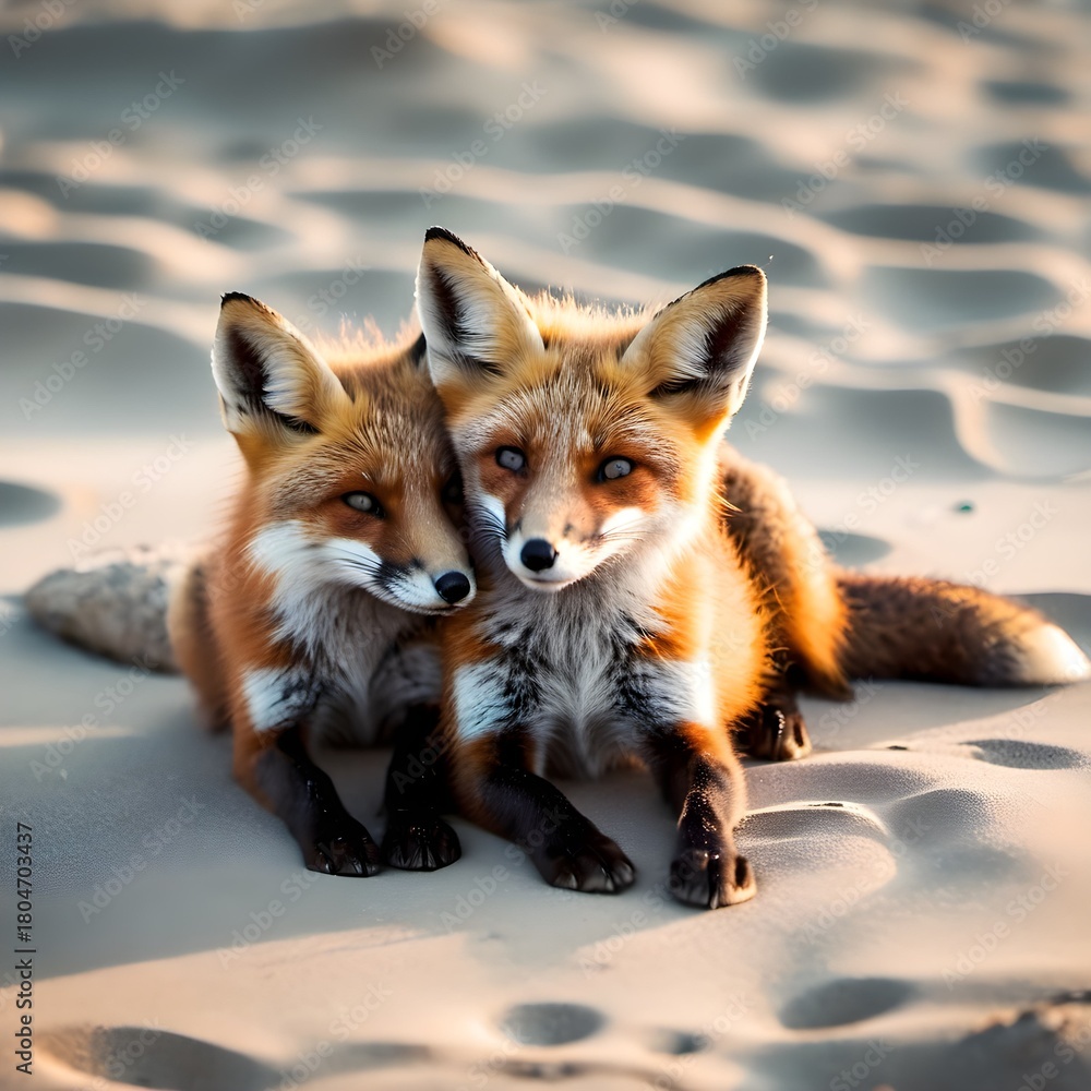 Fototapeta premium Two Adorable Red Fox Kits Cuddling Together on the Sand
