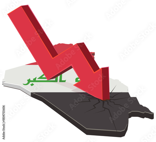 3D Iraq map (flag colors) cracked by a large red arrow crashing down. Concept of economic recession or crisis in the Middle East. (cut out)