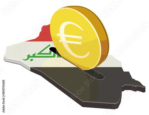 A euro coin being inserted into a slot on the Iraq map (flag colors). Concept for foreign investment, finance, or economic aid. (cut out)