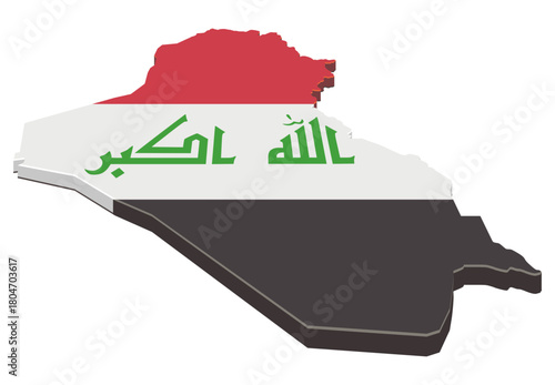 Iraq country map outline filled with the national flag (red, white, black, and 'Allahu Akbar'). (cut out)