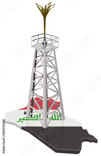 A petroleum drilling rig standing on the Iraq country map (flag colors). Concept for oil, gas, natural resources, or energy economy. (cut out)