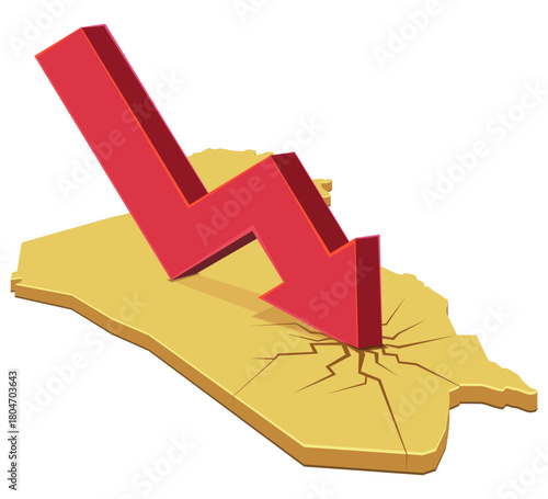 3D yellow Iraq map cracked by a large red arrow crashing down. Concept of economic recession or financial crisis in the Middle East. (cut out)