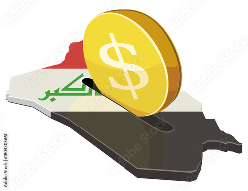 A dollar coin being inserted into a slot on the Iraq map (flag colors). Concept for foreign investment, finance, or economic aid. (cut out)