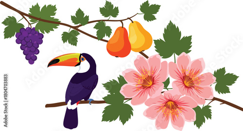 Colorful toucan bird perched on a branch with fruits and flowers.