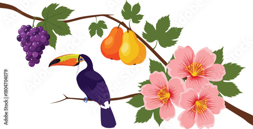 Colorful toucan perched on a branch with grapes pears and flowers a vibrant nature scene.