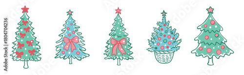 Charming Christmas Trees Illustration Featuring  Festive Decorated Evergreens With Bows, Ornaments, Stars, And Playful Hand-Drawn Details In Soft Pastel Colors Perfect For Holiday Designs